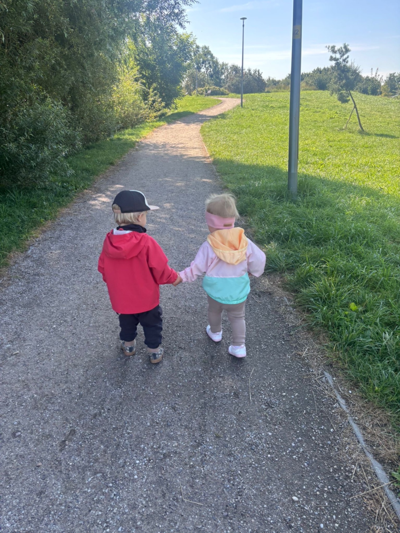 Dwoje dzieci trzyma się za ręce podczas spaceru